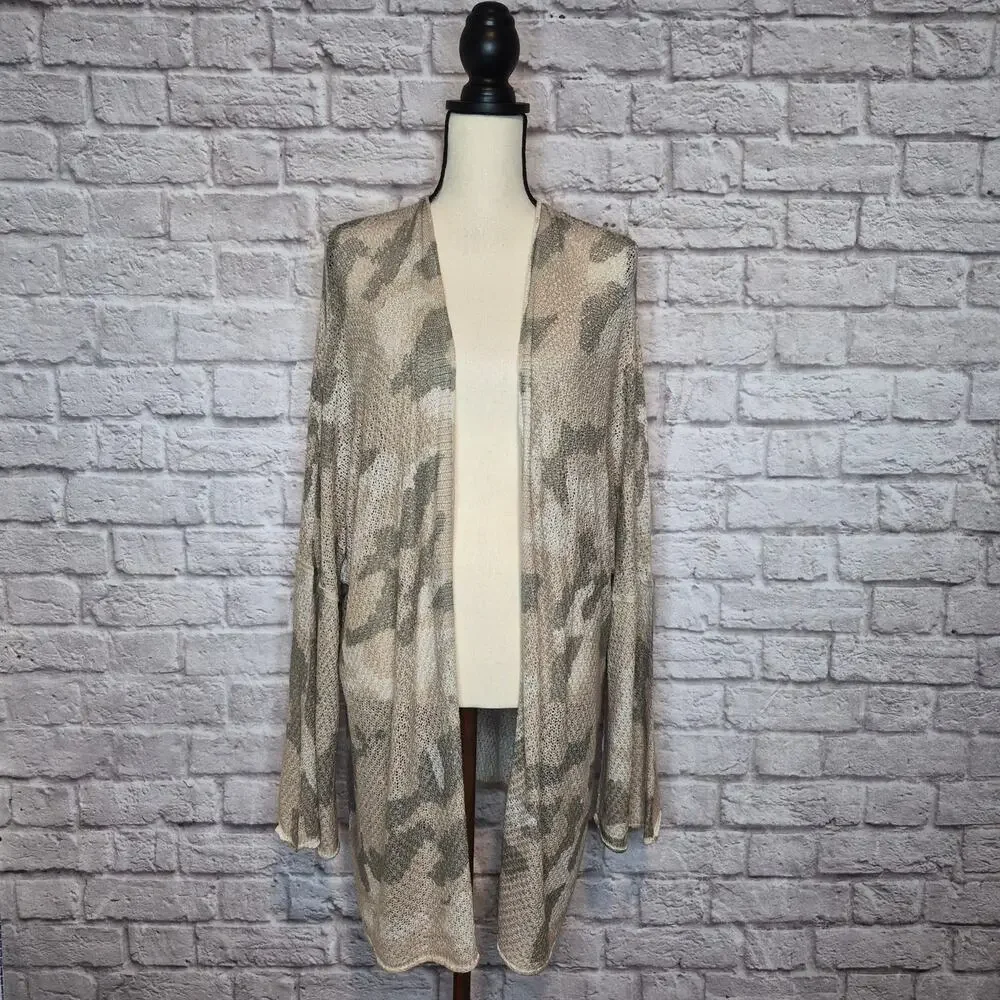 POL Camo Open Front Knit Cardigan Relaxed Fit Dropped Shoulder Duster Women Sz L